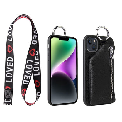 iPhone 14 Plus leather wallet case with zipper pocket